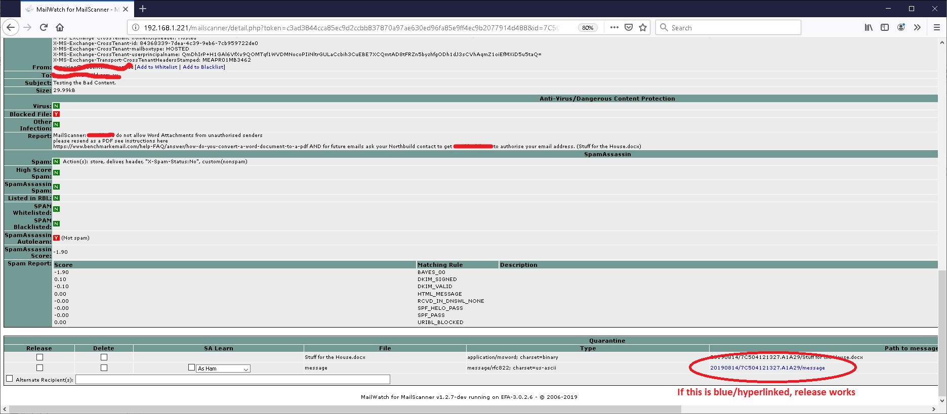 Message hyperlink works, so will release